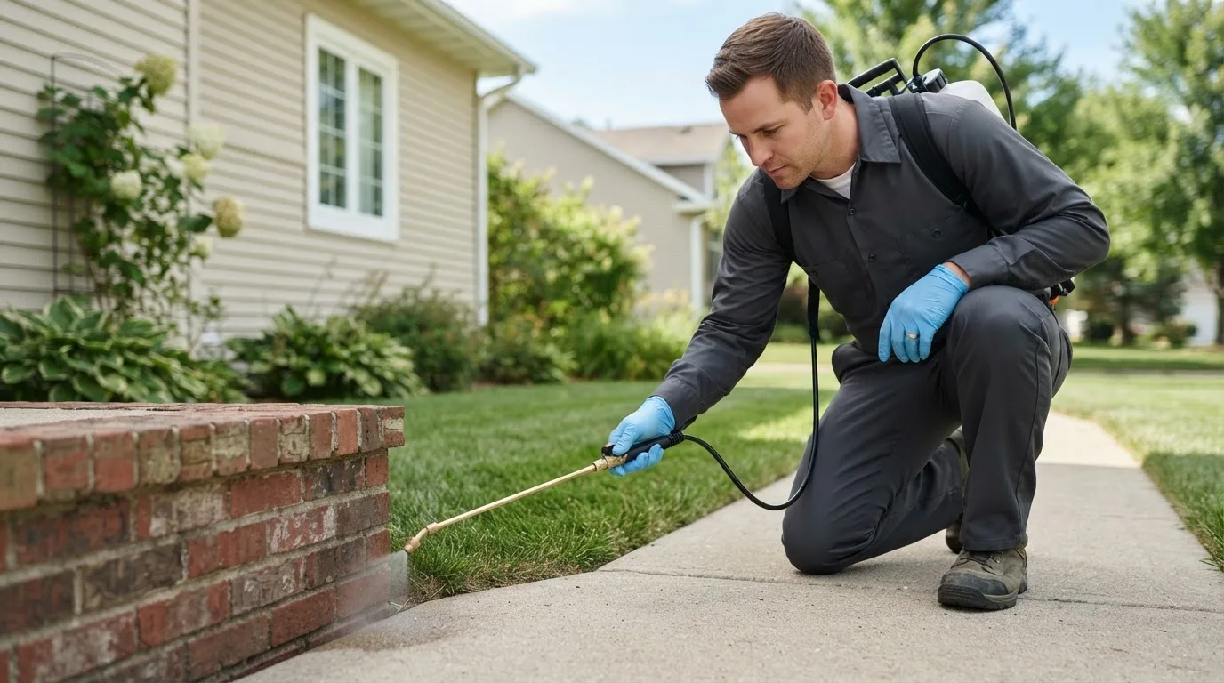 Pest control technician treating a home near Weber City, VA
